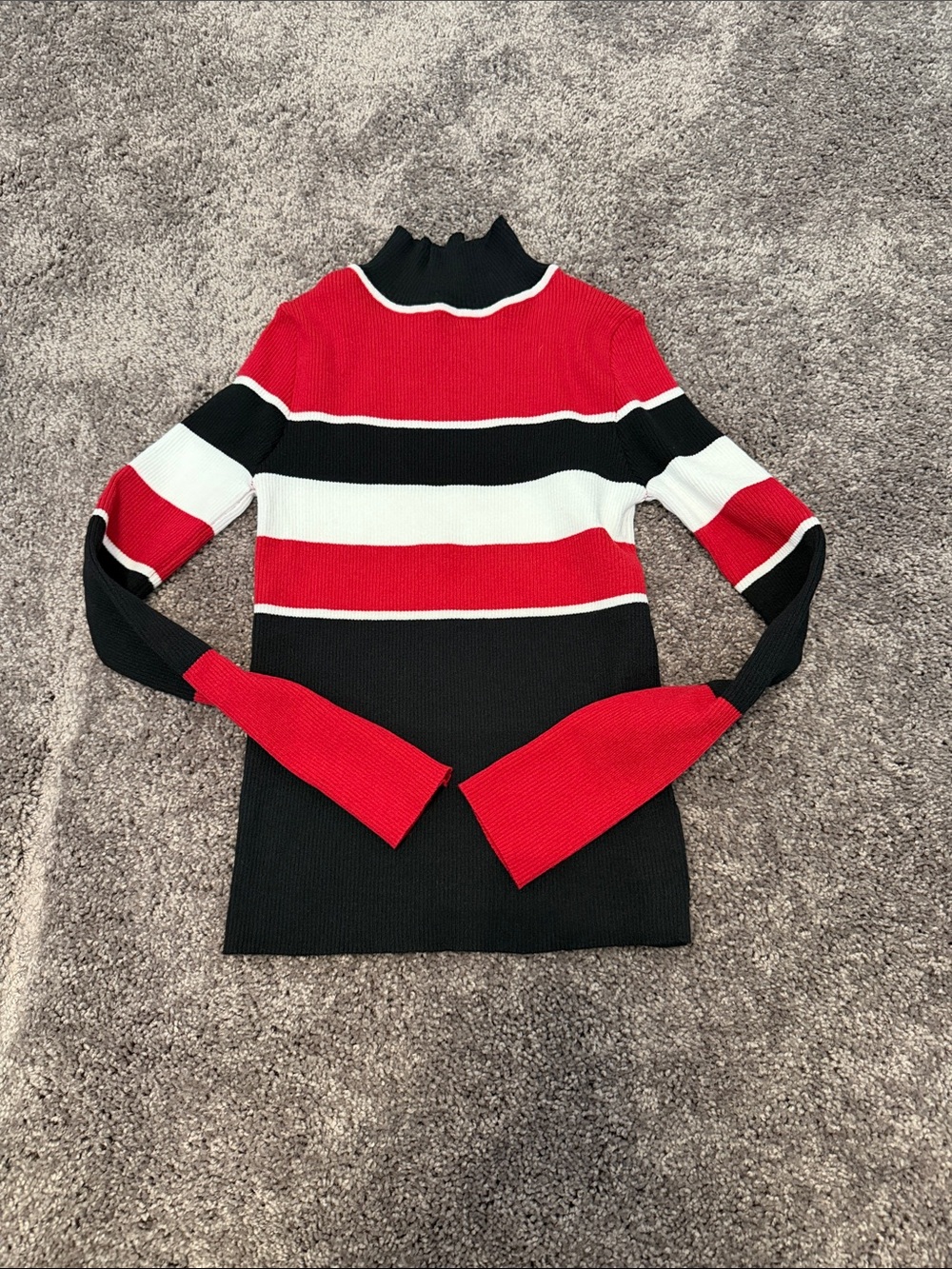 SHEIN Red, Black & White Striped Turtleneck Sweater